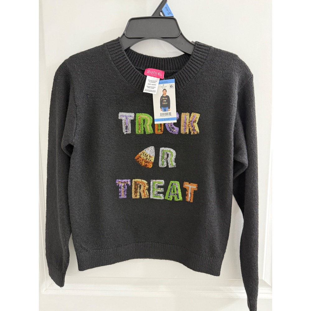 Zunie Girl Trick or Treat Halloween Sequin Sweater Black Small 6 6X ZL41950